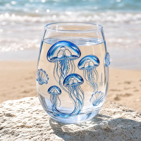 BiFandian Artisanal Ocean Animals Glassware, Stemless Handcrafted Marine Design Drinking Glass, Coastal Home Decor for Beach House, Kitchen Bar, Oceanside Living Gift