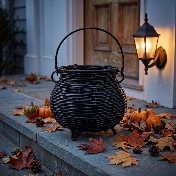 BiFandian Black Wicker Witch Cauldron Basket, Handwoven Rattan Halloween Candy Bucket with Handle, Spooky Witch Pot Storage for Party Tabletop, Shelf, Entryway, Halloween Decoration Indoor