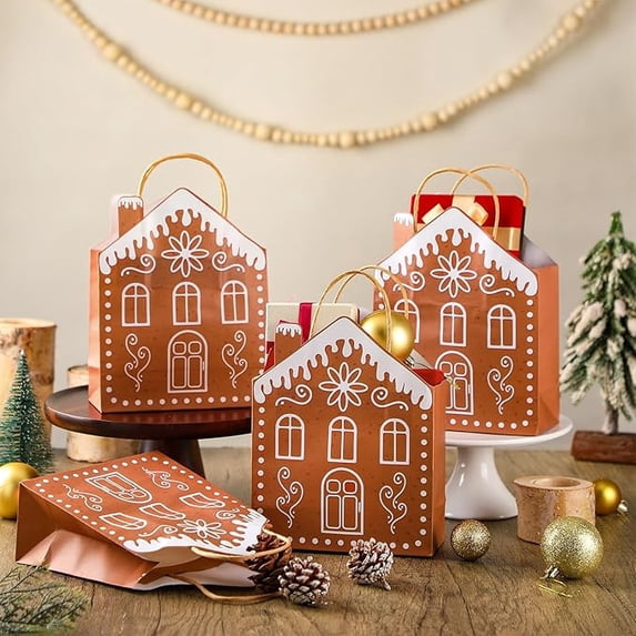 BiFandian Christmas Gingerbread House Bag, Handle Candy Gift Container, Festive Present Wrapping for Holiday Treats