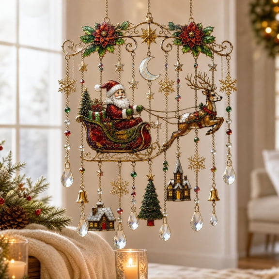 BiFandian Christmas Santa Sleigh Reindeer Acrylic Hanging Suncatcher, Vintage Winter Scene Window Decor Accent, Christmas Decorations Indoor Outdoor for Home, Wall, Living Room, Entryway
