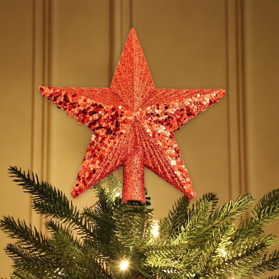 BiFandian Christmas Tree Topper Star, Small Gold Red Sequins Design, Five-Pointed Tree Top Accessory Decor