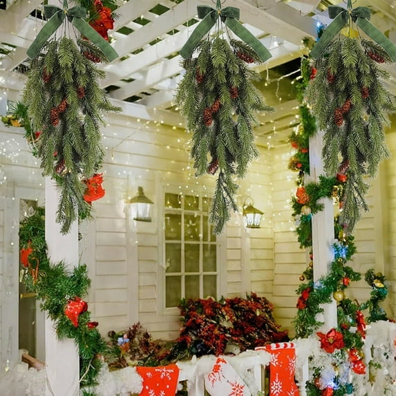 BiFandian Christmas Wreath Upside Down Tree 70cm/27.6 Inches Christmas Rattan Indoor Hanging Scene Arrangement Wall Decoration Christmas Decorations For Front Door Featur