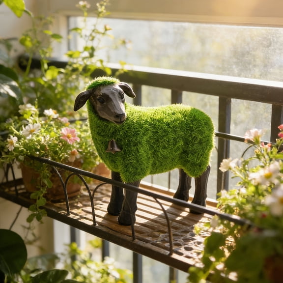 BiFandian Creative Bells Adorned Flocked Sheep Ornament, Black Face Green Body Resin Lamb Figurine, Indoor Outdoor Decoration for Shelf, Garden, Tabletop