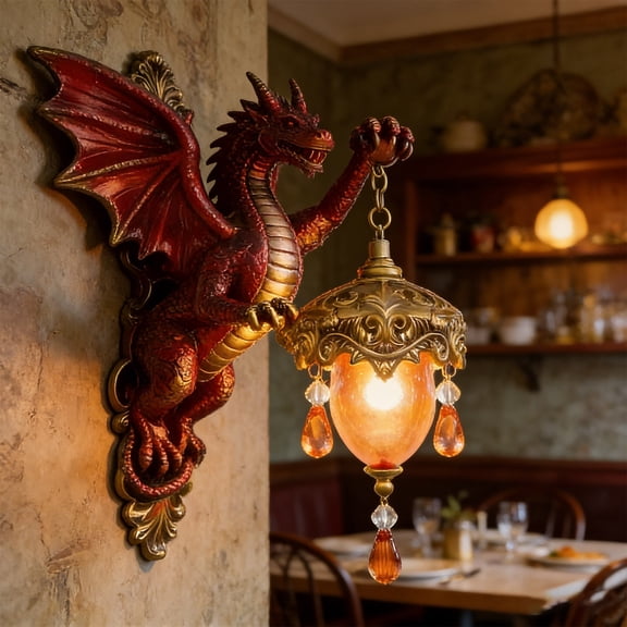 BiFandian Crimson Dragon Wall Lantern, Ornate Medieval Style Hanging Wall Sconce, Vintage LED Decorative Lantern for Living Room, Castle-Themed Home, Porch Outdoor Garden Accent Lighting