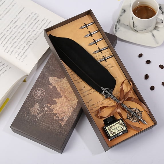 BiFandian Crown Feather Pen Gift Set, Creative Map Design Fountain Pen Collection, Elegant Writing Instrument with Case for Calligraphy, Presentation, Gifts