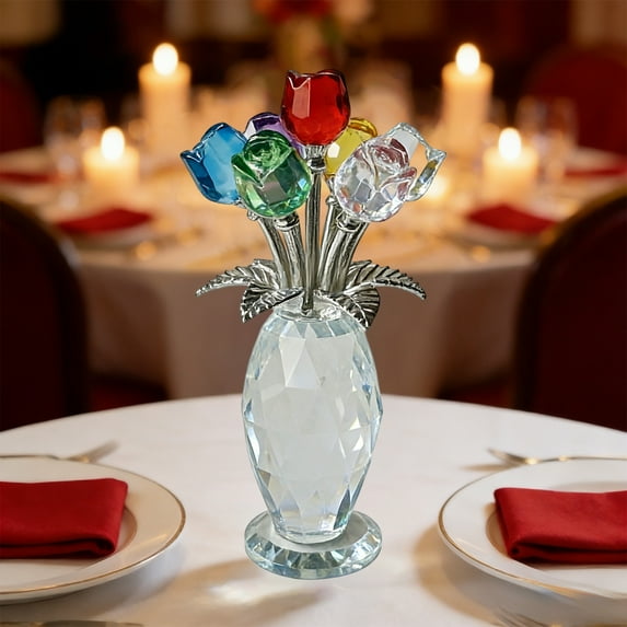 BiFandian Crystal Rose Bouquet, Red Rose Figurine for Valentines Day Gift, Decorative Crystal Flower for Home, Office Desk, Romantic Keepsake, Shelf Display Decor