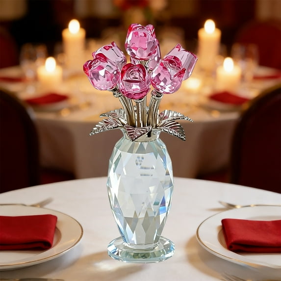 BiFandian Crystal Rose Bouquet, Red Rose Figurine for Valentines Day Gift, Decorative Crystal Flower for Home, Office Desk, Romantic Keepsake, Shelf Display Decor