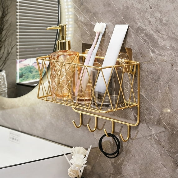 BiFandian No Drilling Wall Mounted Bathroom Shelf, Wrought Iron Storage ...