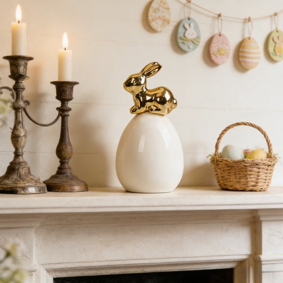 BiFandian Easter Bunny Decorations, Cute Gold Rabbit Sit on White Eggs Figurines for Spring Indoor Home Decor, Ceramics Rabbit Statues Table Centerpiece Mantel Tray Decor Gift