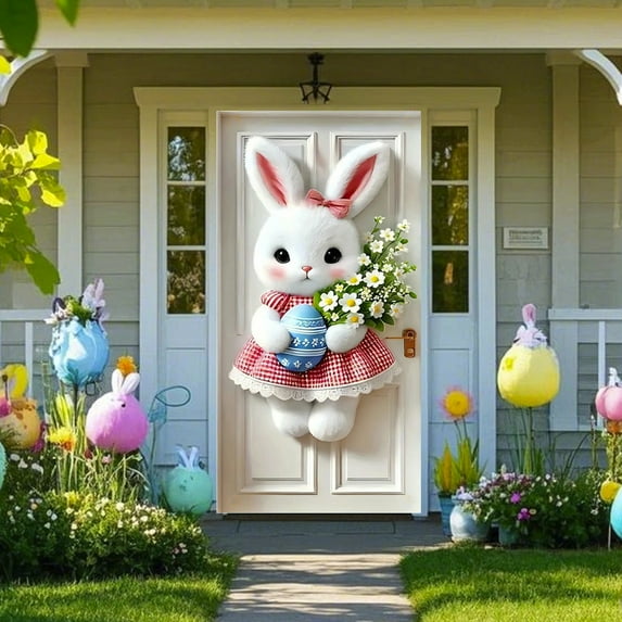 BiFandian Easter Door Banner, Bunny and Egg Garland with Spring Flowers and Bow, Pastel Door Cover for Indoor Outdoor Holiday Decoration, Wall, Party Decor