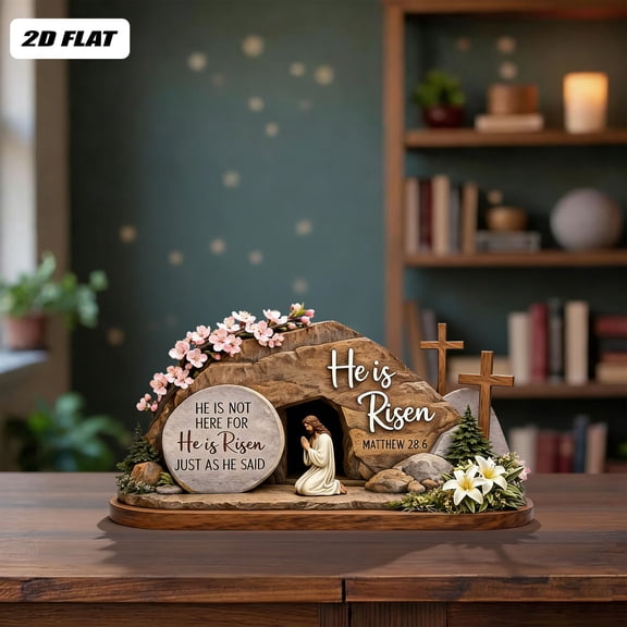 BiFandian Easter Empty Tomb Decor, He Is Risen Resurrection Scene Figurine Set, Religious Tray Decoration for Shelf, Mantel, Nativity Display, Home