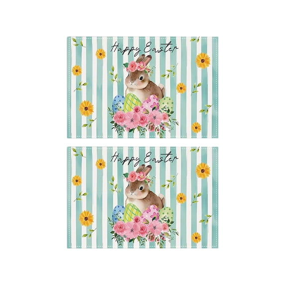 BiFandian Easter Placemats Set of 2, Bunny Pattern Place Mats, Farmhouse Rustic Spring Table Decor