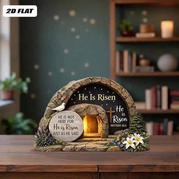 BiFandian Easter Religious Decor Set, He Is Risen Empty Tomb Resurrection Scene, Tabletop Figurine Decoration for Tray, Shelf, Mantel, Home Altar