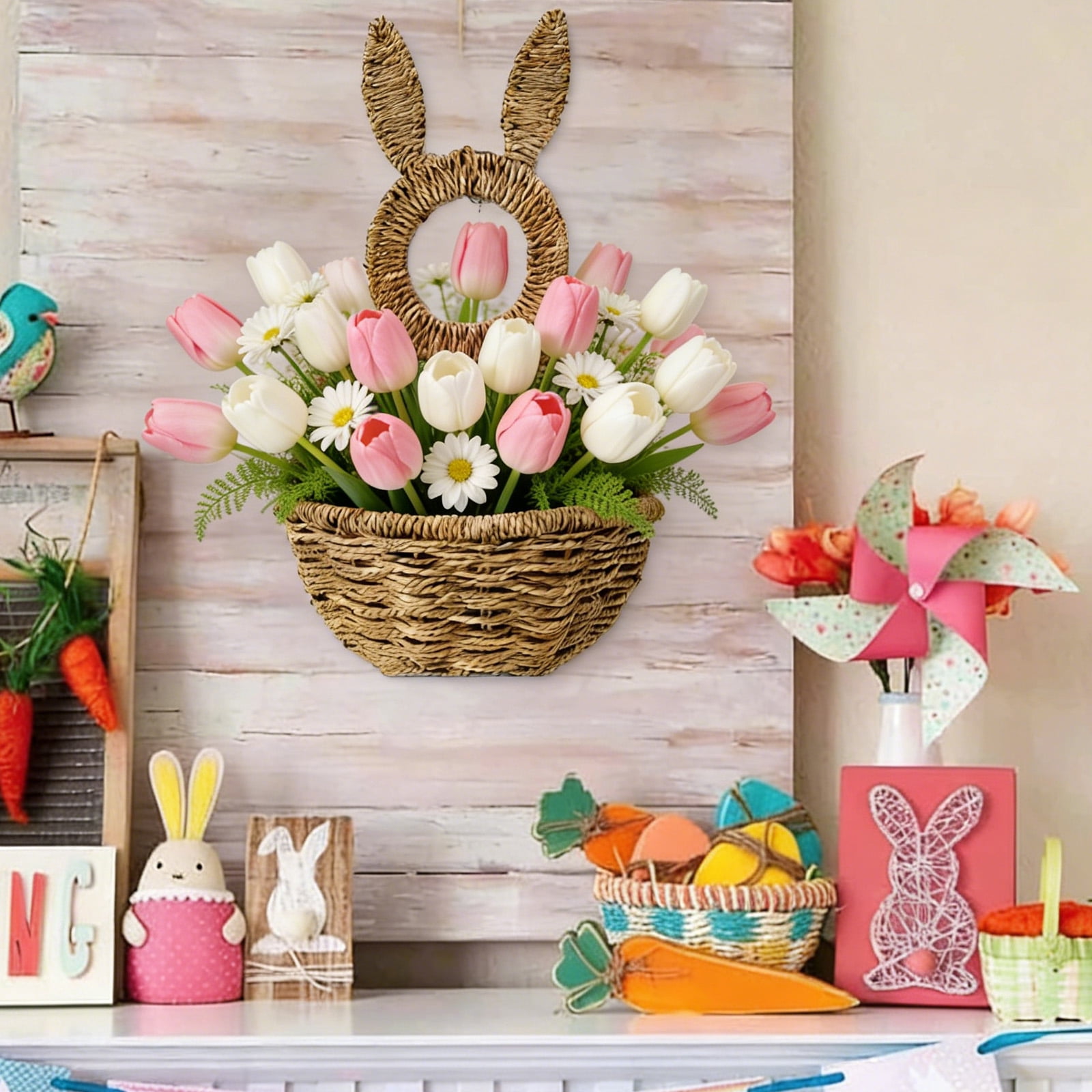 BiFandian Easter Wicker Bunny Baskets, Wall Haning Spring Front Door Decorations, Hand Woven Rustic Farmhouse Craft for Indoor Outdoor Decor