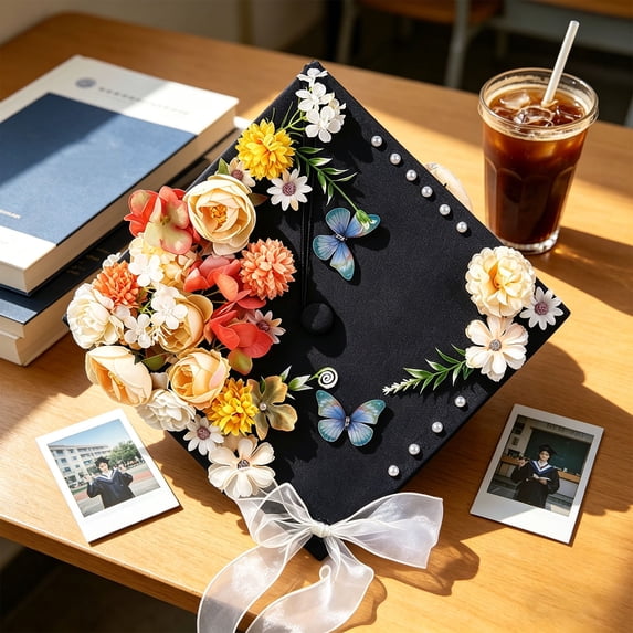 BiFandian Floral Decorative Graduation Caps, Silk Flowers Bachelor Cap with Ribbon Decoration, Academic Ceremony Ornament Gifts for Party Photography Celebration