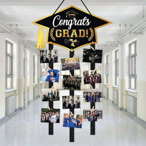 BiFandian Graduation Photo Hanging Display Card Holder, Graduation Personalized Party Decorations , 2025 Graduation Congrats Photo Banner Black and Gold with Clips for Class Wall