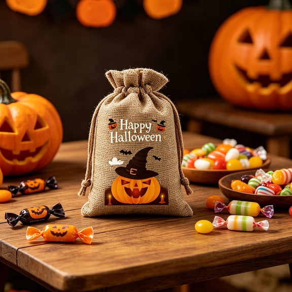BiFandian Halloween Burlap Drawstring Gift Bags, Cartoon Linen Candy Treat Pouches, Fall Indoor Outdoor Decorations