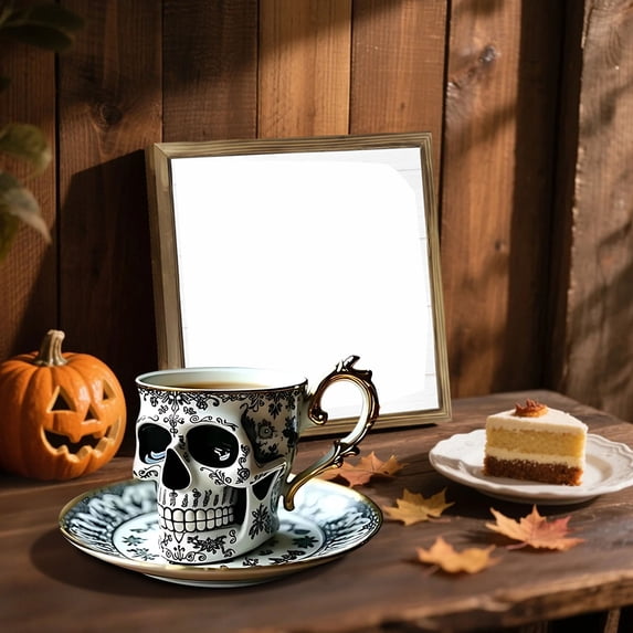 BiFandian Halloween Decorative Coffee Cup, Skull Coffee Mug with Saucer Set, Ceramics Gothic Tea Cup Ornament for Halloween Party Decoration Indoor