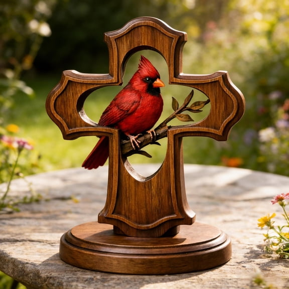 BiFandian Handcrafted Cardinal Cross Ornament, Wooden Religious Memorial Gift, Red Birds Easter Tabletop Decorations for Spring Home Decor
