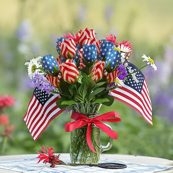BiFandian Independence Day Artificial Flowers, Stars and Stripes Rose Flowers Decorations, American Flag Floral Table Centerpiece for 4th of July, Patriotic Decor Fake Flower for Celebration