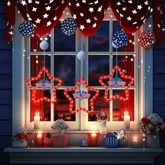 BiFandian Independence Day Window Star Lights, Red White Blue LED Hanging Stars Decor for 4th of July, Luminous Colorful Night Lights for Party, Celebration Decoration