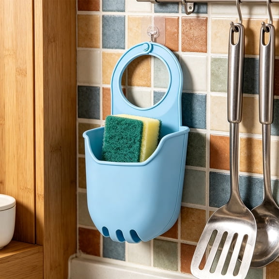 BiFandian Kitchen Sink Silicone Hanging Caddy, Hanging Scrubber Sponge Storage Organizer, No Drill Wall Mount Sponge Holder with Bottom Drain Hole for Kitchen Sink Counter Sponge Storage