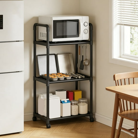 BiFandian Kitchen Storage Rack, Microwave and Cookware Organizer with Wheels, Movable Iron Shelving Unit, Reinforced Multi Purpose Floor Standing Rack, 3 Tier