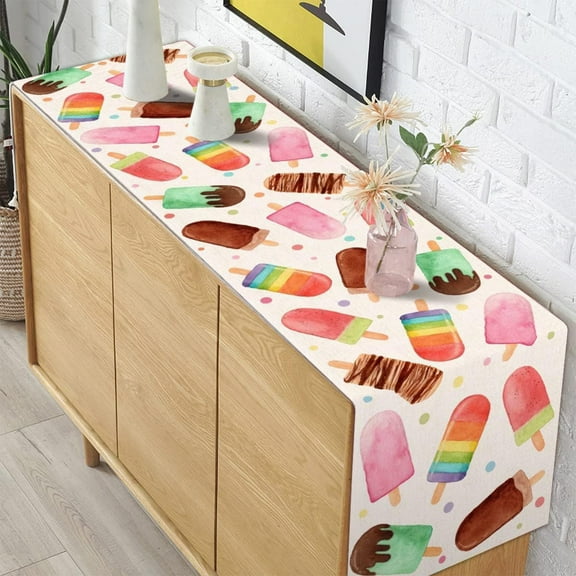BiFandian Linen Watercolor Table Runner, Ice Cream Themed Table Cover, Summer Popsicle Paterned Table Cloth for Birthday Baby Shower Party Farmhouse Kitchen Dining Room Home Decoration
