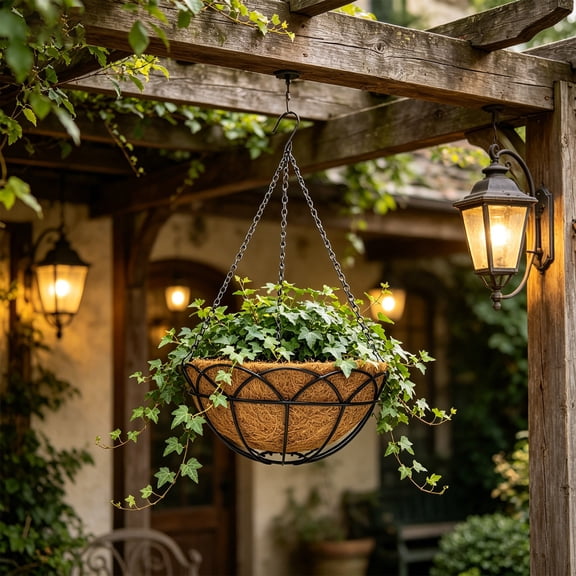 BiFandian Metal Hanging Flower Basket, Outdoor Coco Coir Liner Hanging Planter, Round Coconut Fiber Hanging Pots with Chain, Rust Resistant, for Porch Patio Garden Outdoor Decor