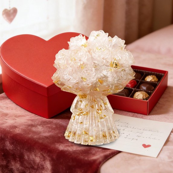BiFandian Natural Crystal Rose Bouquet, Resin Dipped Handheld Flower Arrangement, February 14 Festive Tabletop Decor Gift for Home, Office, Valentine's Day