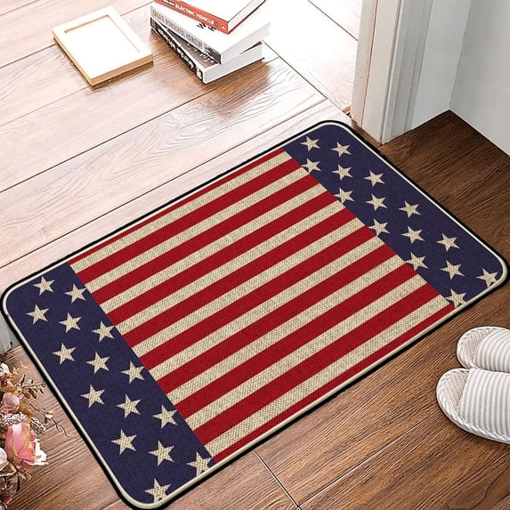 BiFandian Patriotic Vintage Welcome Doormat, USA Flag Pattern Floor Mat with Non Slip Rubber Backing, Linen Textured Rug for 4th Of July Indoor Outdoor Home Decor