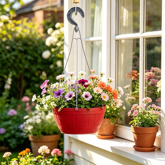BiFandian Plastic Hanging Plant Pot with Metal Hanging Hook Chain, Self Watering Design Flower Basket Outdoor, Balcony Porch Hanging Planter for Fern And Green Plant Cultivation