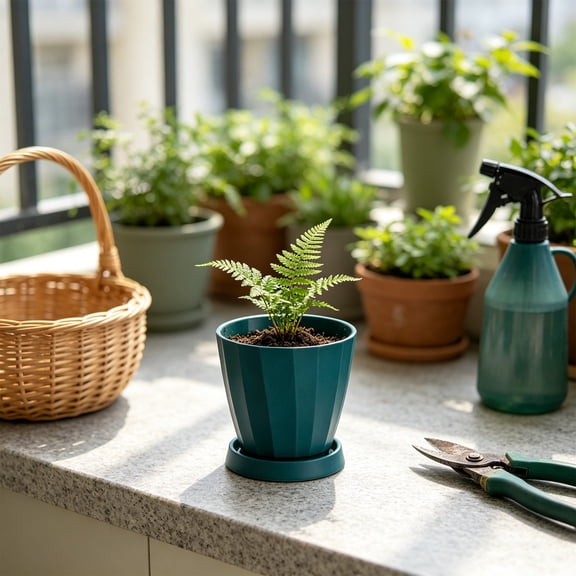 BiFandian Plastic Plant Pot with Drainage Tray, Modern Geometric Verticals Ribbed Planter Indoor Decor, Flower Pot for Succulents, Houseplants, Shelf, Windowsill
