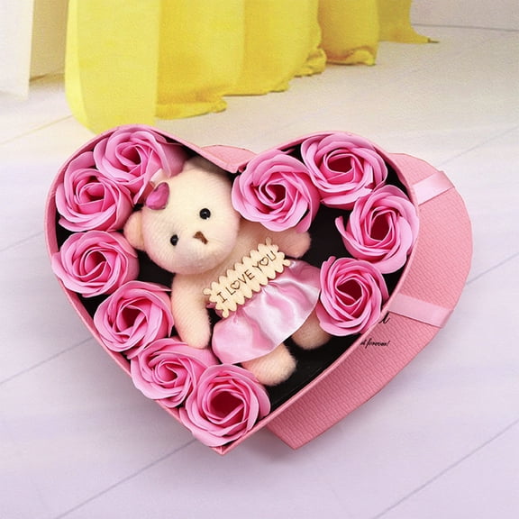 BiFandian Preserved Rose Bear Gift Box, Heart Shaped Box with Artificial Red Roses, Long Lasting Floral Arrangement for Valentines Day Gift, Birthday Present, Romantic Surprise