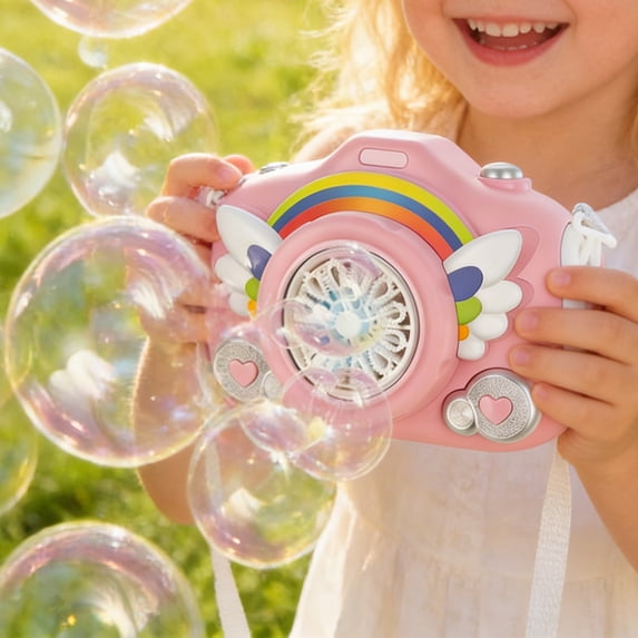 BiFandian Rechargeable Automatic Bubble Camera Toy, Light & Music Play Camera with Strap, Portable Fun Plaything for Outdoor and Indoor Activity