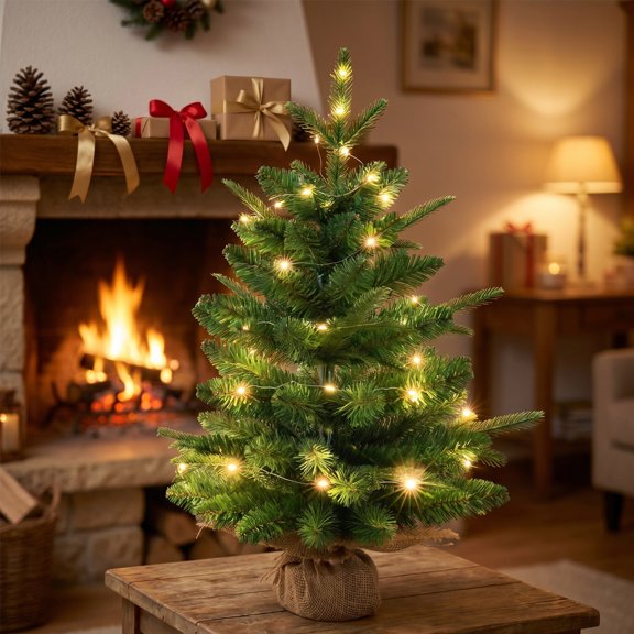 BiFandian Simulated Mini Desktop Christmas Tree, Pre-lit Linen Base Bare Tree with Warm Light, Festive Small Tree for Home, Office, Desk, Shelf Decor Indoor