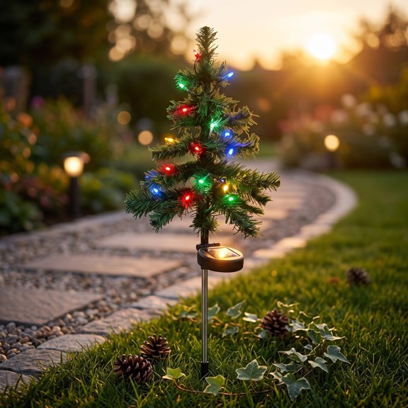 BiFandian Solar Mini Christmas Tree Garden Light, Multicolor LED Bulb Small Tree Ground Stake Lamp, Outdoor Yard Walkway Holiday Decor for Border, Planter, Entry Path