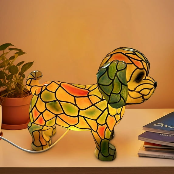 BiFandian Stained Resin Animal Dog Night Light, Dog Series Art Night Light, Cute Pet Dogs Themed LED Table Lamps with Warm Ambient Glow, Resin Stained Glass Bedside Light Home Ornament