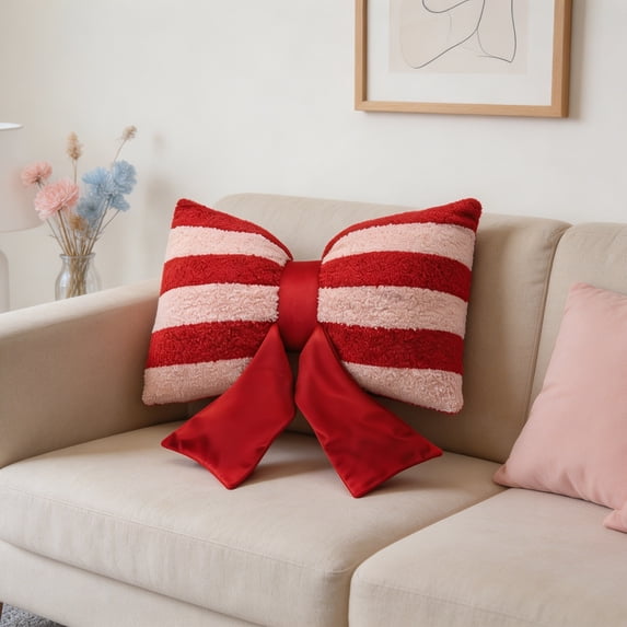 BiFandian Striped Bow Decorative Throw Pillows, Modern Cute Cushions for Sofa Throw, Plush Stripes Bow Cushion Pillow for Living Room Bedroom Home Christmas Indoor Decorations