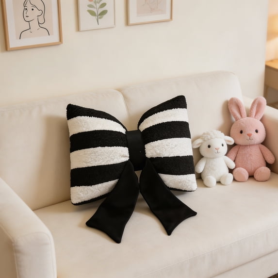 BiFandian Striped Bow Decorative Throw Pillows, Modern Cute Cushions for Sofa Throw, Plush Stripes Bow Cushion Pillow for Living Room Bedroom Home Christmas Indoor Decorations