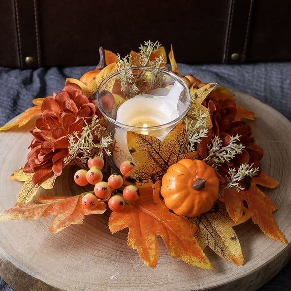 BiFandian Thanksgiving Halloween Pumpkin Candle Holder, Maple Leaf Berry Scented Wreath, Decorative Ring for Table Decorations, Seasonal Home Accessories for Halloween Thanksgiving Decor