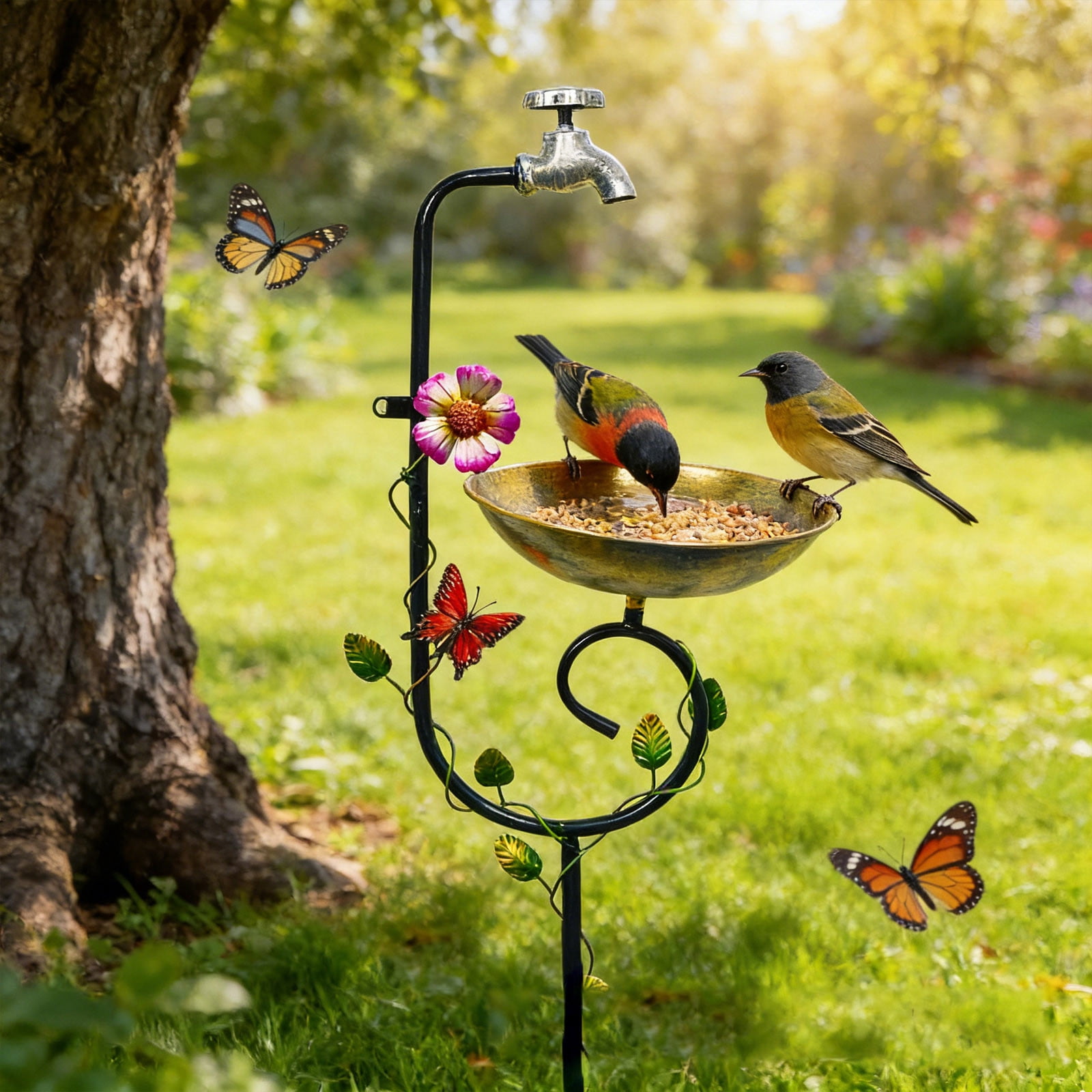 BiFandian Vintage Wrought Iron Bird Bath, Classic Birds Feeder with Ground Stake Outdoor Garden Decor, Sturdy Metal Ornament for Yard Courtyard and Landscape Decoration