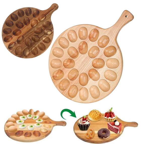 BiFandian Wooden Deviled Egg Platter, Reversible 24 Holes Round Egg Holder Container, Charcuterie Board Serving Tray with Handle for Kitchen Countertops