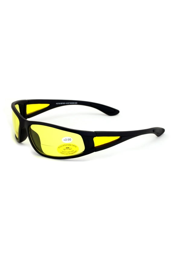 BiFocal Black Sunglasses With Yellow Night Driving Lens - 100% UV Protection. Bi-focal Reading Glasses Reader