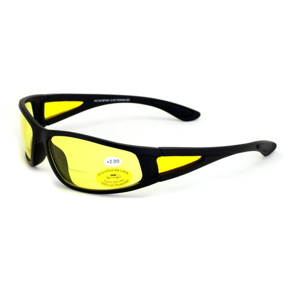 BiFocal Black Sunglasses With Yellow Night Driving Lens - 100% UV Protection. Bi-focal Reading Glasses Reader