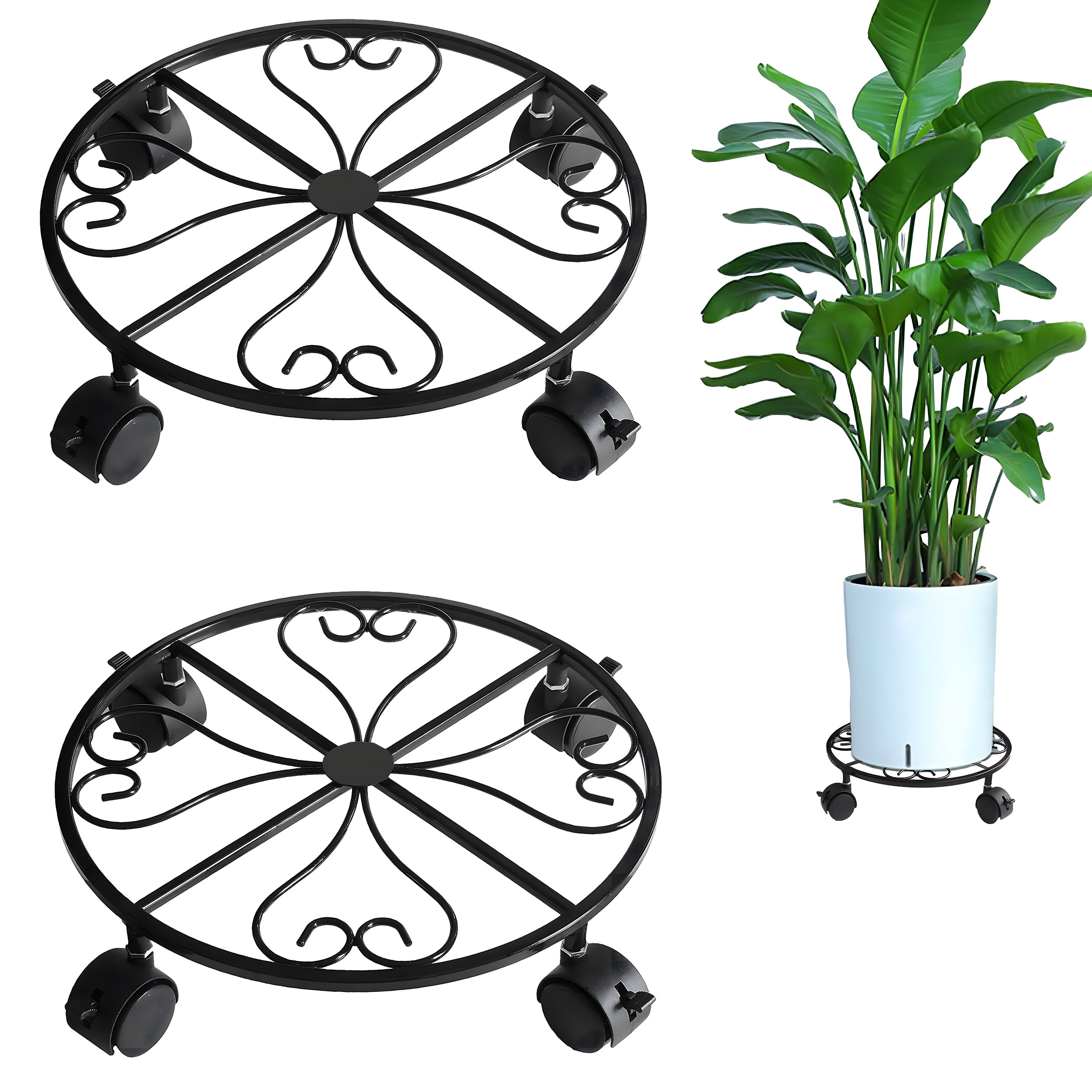 BiJun Metal Plant Caddy,12" Round Plant Stand Plant Roller with 4 360