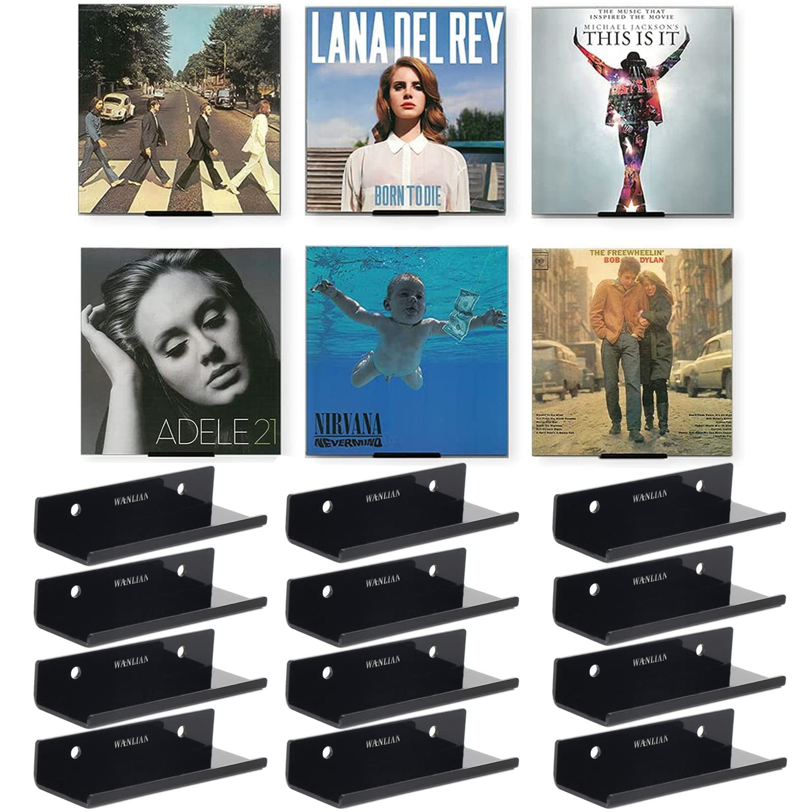 BiJun Vinyl Record Shelf, Black Vinyl Record Shelf Wall Mount 12 Pack