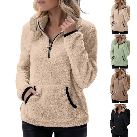 BiZtdJrK 1/4 Zip Pullover Women Fuzzy Fleece Stand Collar Long Sleeve Sherpa Sweatshirts Comfy Casual Fall Winter Sweatshirt with Pocket Black S
