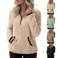 thumbnail image 1 of BiZtdJrK 1/4 Zip Pullover Women Fuzzy Fleece Stand Collar Long Sleeve Sherpa Sweatshirts Comfy Casual Fall Winter Sweatshirt with Pocket Khaki L, 1 of 8