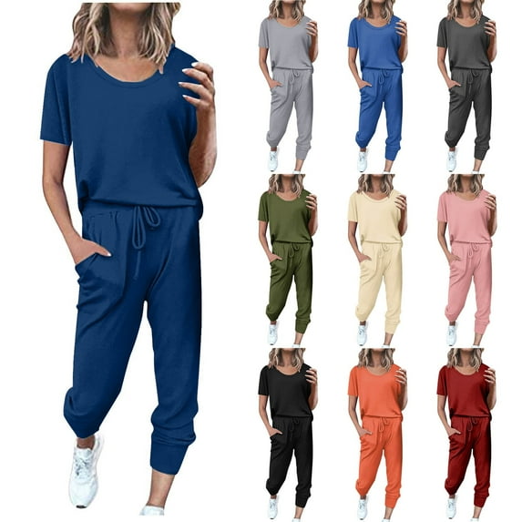 BiZtdJrK Womens Tracksuits 2 Piece Sets Lightweight Jogger Athletic Outfits Crewneck Short Sleeve Tops and Drawstring Pants Set with Pockets on sale prime clearance Army Green XL